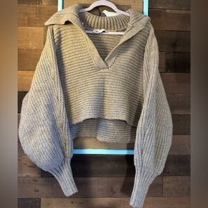 Zara Women's Tan V-Neck Cropped Sweater w/ Balloon Sleeves, size L